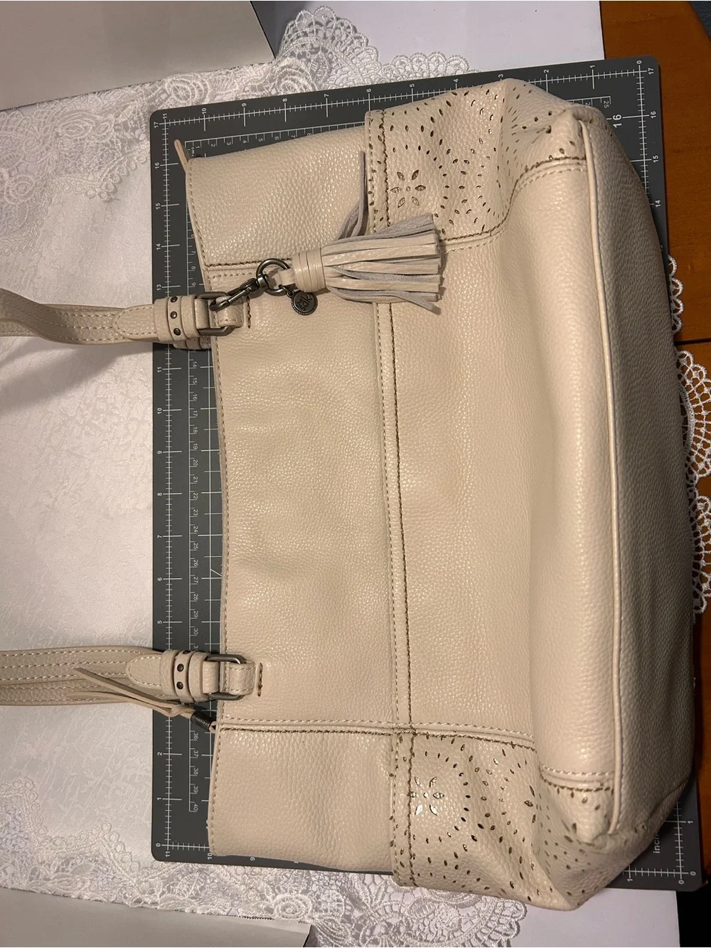 The Sak Sequoia pebbled Leather Tote Bag – Cream Perforated Floral Medallion